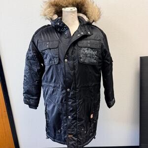 Timberland Jacket Men Black Hooded Insulated Warm Parka Coat Faux Fur Size Med